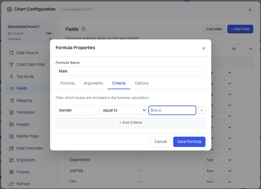 ChronOrg Formula Properties interface with criteria controls