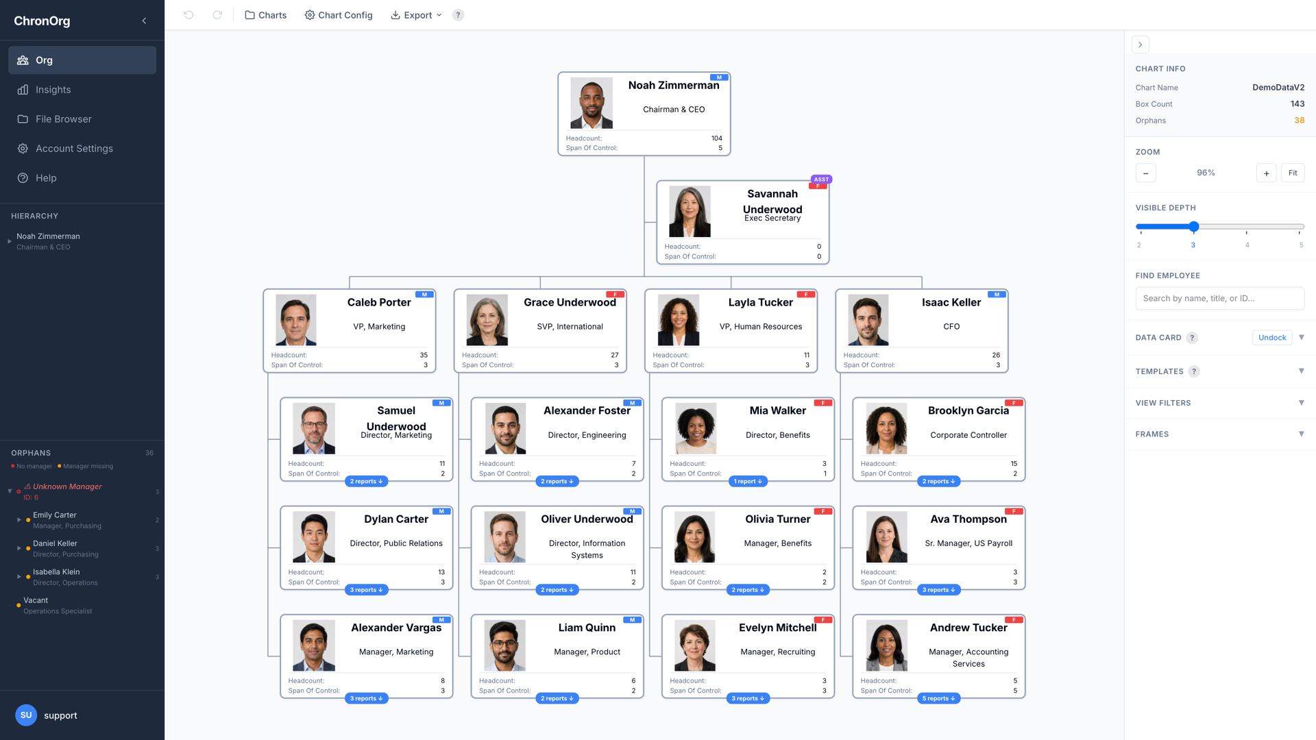 ChronOrg hierarchy viewer showing reporting lines, spans of control and disconnected positions